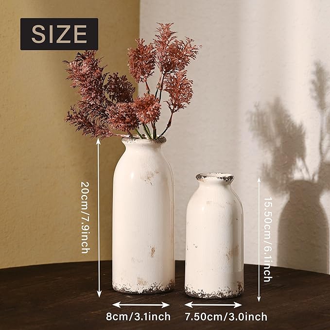 VICTOR & TERESA White Ceramic Vases Home Decor, Farmhouse Vase for Flowers, Flower Vase Set of 2, Rustic Decorative Vases for Pampas Grass, Table, Living Room, Shelf, Centerpieces, 8 inch