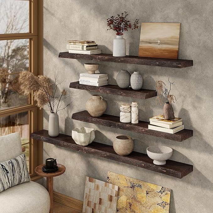 Marsmiles 48 inch Floating Shelves for Wall Elm Wood Live Edge Shelves Wall Mounted|Rustic Long Floating Shelves with Invisible Bracket for Bathroom Living Room Kitchen|Walnut, 1 Pack