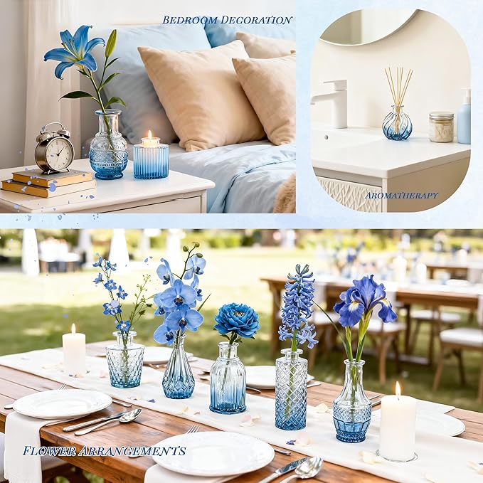 Der Rose Glass Bud Vases Set of 32 Small Blue Flower Vases for Rustic Wedding Centerpieces Table Decorations and Home Office Decor(Blue)