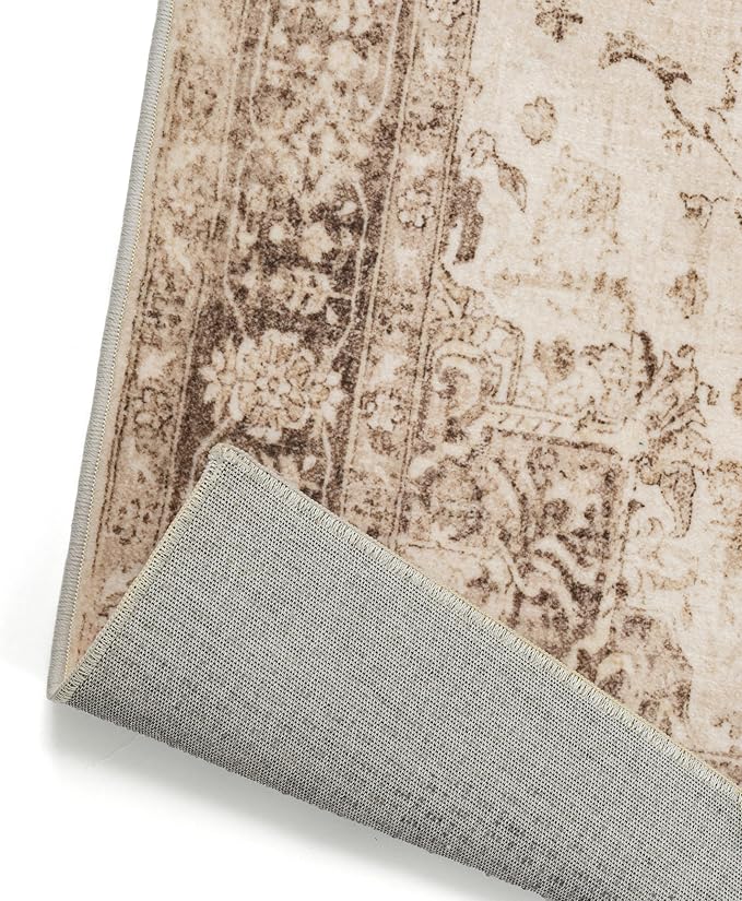Brown 6x9 Area Rug Washable Vintage Living Room Carpet Non Slip Retro Distressed Low Pile Soft Oriental Medallion Thin Large Throw Rug for Office Bedroom Dining Room Playroom