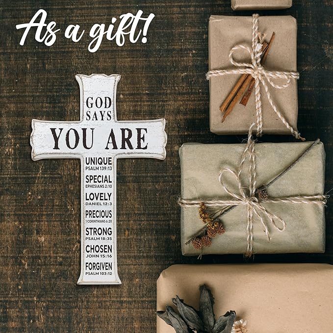 VZVCTFS God Says You Are Wooden Cross - 6.5x10 Inch Inspirational Bible Verse Wooden Hanging Signs Easter Decor for Home Office Church Baptism - Christian Gifts for Men Women（White）- A09