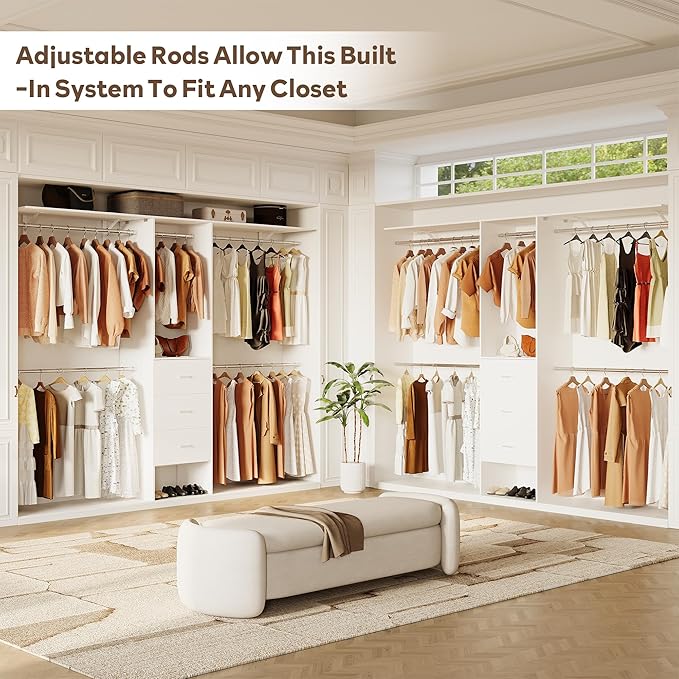 LINLUX 8FT Closet System 94'' Closet Organizer with 3 Drawers,4 Extendable Hanging Rods,Wood Closets Built In System Tower with Adjustable Shelves,Walk-in Closets Wardrobe Clothes Garment Rack(White)