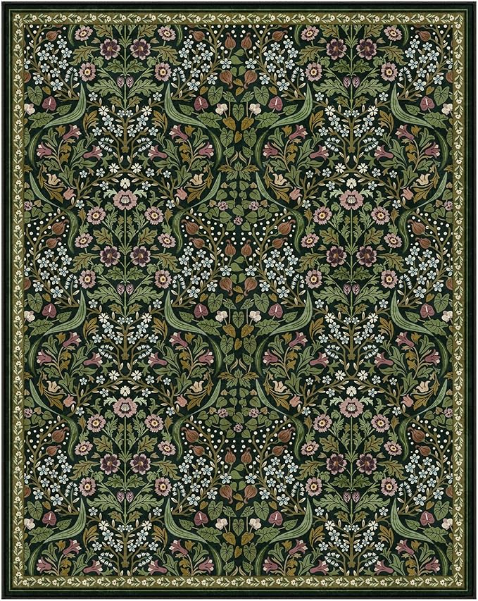 Moynesa Floral Washable 8x10 Rug, Large Rugs for Living Room, Green Soft 8 x 10 Boho Bedroom Rugs, Non Slip Botanical Ultra Thin Floor Carpet for Dining Room Nursery, Green