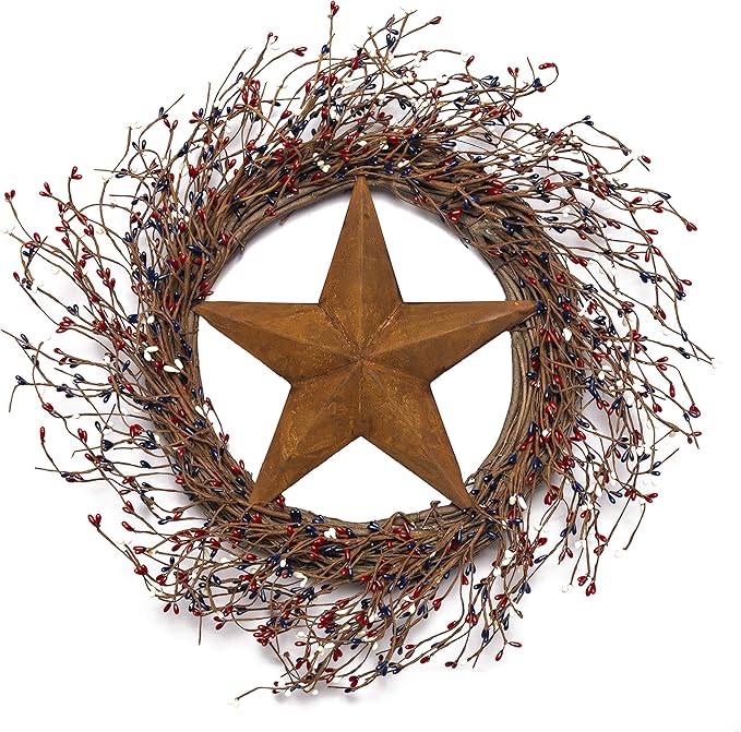 NeoL'artes 22 inch American Patriotic Wreath with Red White and Blue Pip Berries and Barn Star, 4th of July Decor Wreath for Front Door