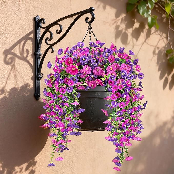 Artificial Hanging Flowers for Outdoors, 4 PCS UV Resistant Faux Plants Silk Realistic 150 Morning Glory Each Vines, Fake Plastic Floral for Garden Patio Spring Summer Decor, Fuchsia & LightPurple