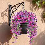 Artificial Hanging Flowers for Outdoors, 4 PCS UV Resistant Faux Plants Silk Realistic 150 Morning Glory Each Vines, Fake Plastic Floral for Garden Patio Spring Summer Decor, Fuchsia & LightPurple