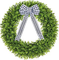 Vlorart 32" Faux Boxwood Wreath, Artificial Large Boxwood Wreaths Front Door, Spring Summer Waterproof Green Wreath Hanging with A Bow for Wall Farmhouse Outside Window Wedding Party Decor Year Round