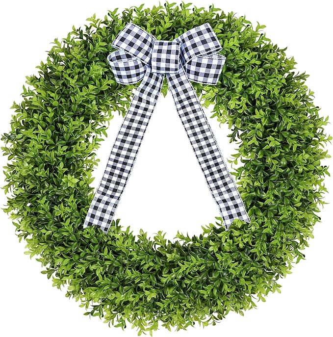 Vlorart 32" Faux Boxwood Wreath, Artificial Large Boxwood Wreaths Front Door, Spring Summer Waterproof Green Wreath Hanging with A Bow for Wall Farmhouse Outside Window Wedding Party Decor Year Round