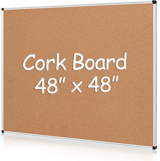 Extra Large Cork Bulletin Board 48" X 48", Silver Aluminum Framed 4'x4' Corkboard for Wall, Wall Mounted Notice Pin Board with 18 Push Pins for School, Home & Office