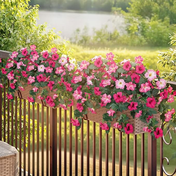 HyeFlora Artificial Flowers for Outdoors 2PCS Spring Faux Morning Glory Look Real Silk Flowers for Outside Planter UV Resistant Fake Flowers for Home Garden Balcony Yard Porch Deco (Pink)