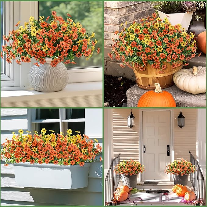Artificial Flowers for Outdoors 12 Bundles Realistic Faux Silk Flower with Eucalyptus Stem, Fake Plants UV Resistant No Fade for Outside Planter Porch Patio Yard Window Garden Spring Summer Decoration