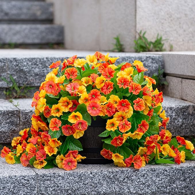 Artificial Fake Hanging Flowers Plants for Outdoor Decoration, 2PCS Faux Silk Morning Glory Long Vines Stems UV Resistant Look Real for Spring Summer Outside Home Porch Patio, Orange Yellow