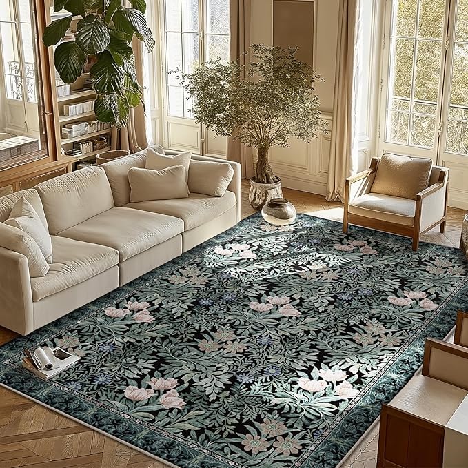 Washable Area Rugs 6x9 Black Green Vintage Floral Botanical Pattern,Perfect for Living Room, Bedroom, Kids Room, Nursery - Stain & Water Resistant Non-Slip, Pet & Child Friendly/Bedroom Decor