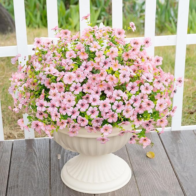 Artificial Fake Flowers Plants for Outdoors Spring Summer Decoration,Faux Flowers Plants Greenery UV Resistant Silk Daisy Realistic for Outside Planter Front Porch Patio Garden Home 16 Bundles（Pink）
