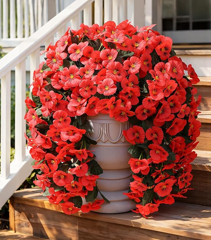 HyeFlora Artificial Flowers for Outdoors 2pcs Faux Silk Pansy Vines Lush UV Resistant Fake Hanging Flower Plants for Outside Porch Yard Patio Window Box (Red)