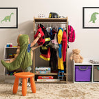 IRIS USA Small Open Wood Clothing Rack for Small Spaces, Clothes Rack with Shelves, Garment rack with Side Hook, Light Brown