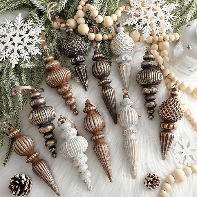 Yunlly 9 Pcs Neutral Christmas Ornaments Textured Christmas Tree Decor with Hanging Loop Modern Brown Hanging Finial Ornaments Shatterproof Home Decor for Xmas Vintage Rustic Farmhouse (Classic Color)