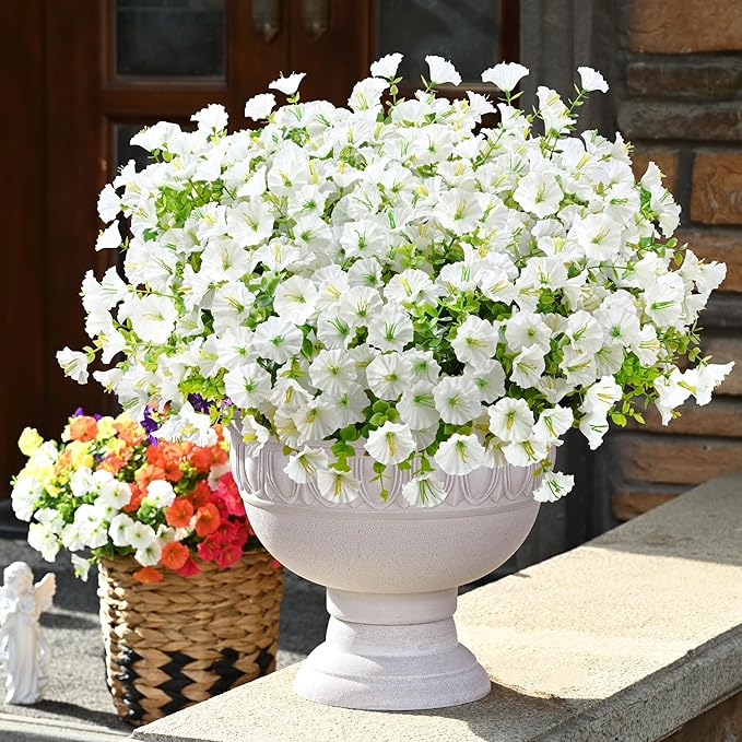 Waipfaru Artificial Flowers for Outdoors, 24 Bundles Faux Plants Outdoor, UV Resistant Artificial Plants, Silk Petunias Fake Flowers for Outside Home Decor Planter Porch Decoration, White