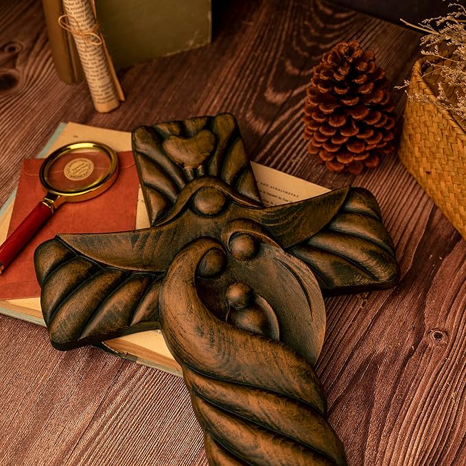 BGCOPPER Holy Family Wall Cross, Handmade Wooden Cross Wall Crucifix, Jesus Cross Wall Decor Art for Home Room Decor Christmas Gifts - 10 Inch