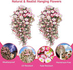 Artificial Hanging Flowers for Outdoors, 2 PCS UV Resistant Faux Silk 150 Morning Glory Each Trailing Vines, Fake Plants for Spring Outdoor Garden Planter Porch Patio Decoration, Pink