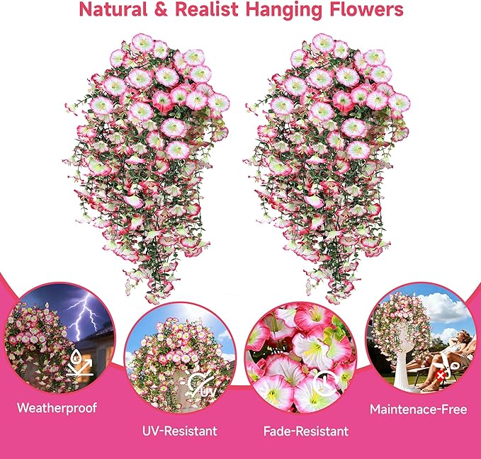 Artificial Hanging Flowers for Outdoors, 2 PCS UV Resistant Faux Silk 150 Morning Glory Each Trailing Vines, Fake Plants for Spring Outdoor Garden Planter Porch Patio Decoration, Pink