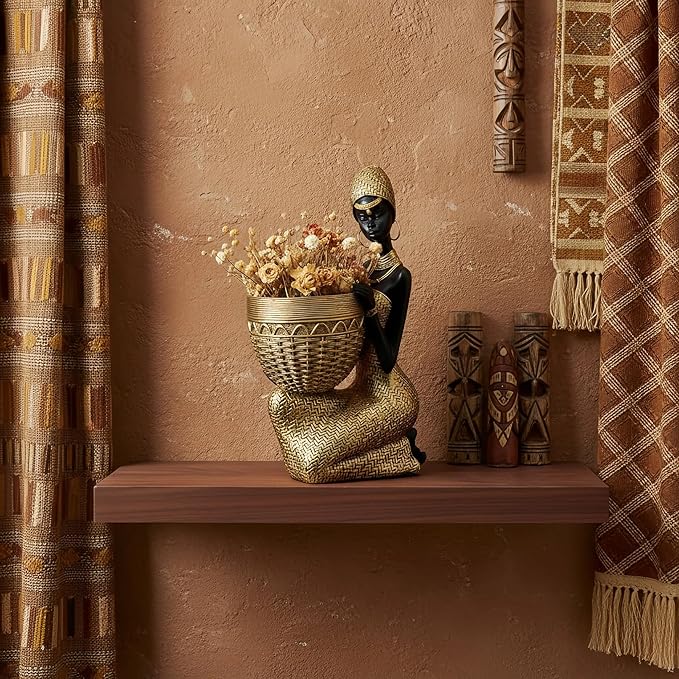 Lescafita Handmade African Tribal Woman Sculpture - Gold Adorned Seated Figure with Basket, Vintage Resin Statue for Home Decor, Unique Housewarming Gift for Shelf/Table (9.65" H)
