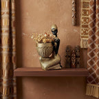 Lescafita Handmade African Tribal Woman Sculpture - Gold Adorned Seated Figure with Basket, Vintage Resin Statue for Home Decor, Unique Housewarming Gift for Shelf/Table (9.65" H)
