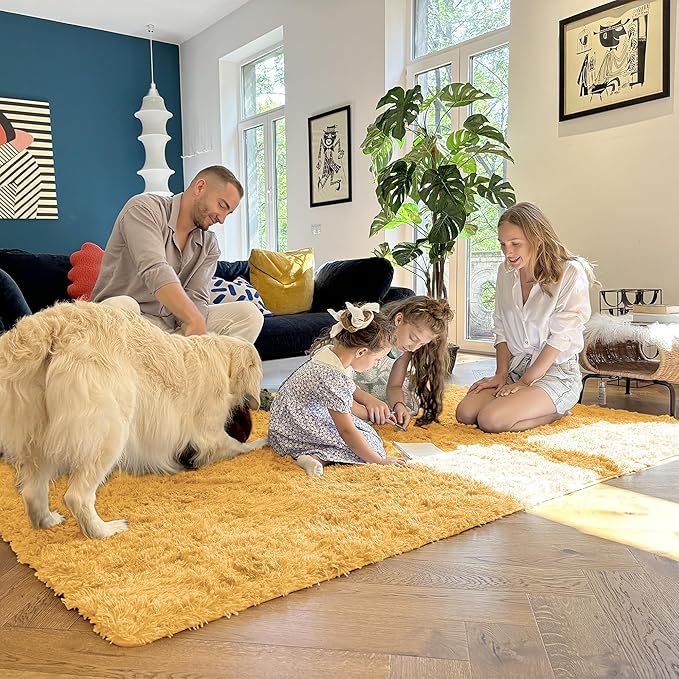 OLANLY 2x4 Machine Washable Runner Rugs for Hallway, Soft Fluffy Shaggy Bedside Rugs for Bedroom, Living Room, Indoor Floor Carpet for Kids Girls and Boys, Home Decor Aesthetic, Mustard Yellow