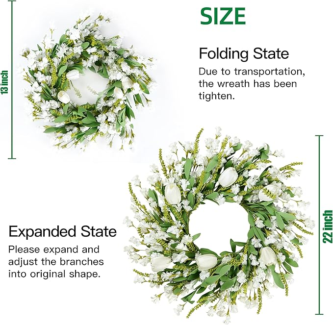Sggvecsy Spring Summer Wreath for Front Door 22 Inch Artificial White Flower with White Tulips Greenery Leaves Lavender for All Seasons Home Farmhouse Indoor Outdoor Wall Decor