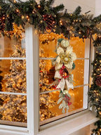 Gold Christmas Swag with Glitter Flowers, Ornaments, Pinecones and Ribbon Bow – 25.6" Teardrop Swag Christmas Front Door Decor Artificial Wall Door Hanging Holiday Decoration