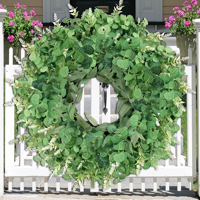 26" Large Eucalyptus Wreath for Front Door Spring Summer Greenery All Season Green Year Round Artificial Eucalyptus Leaves Wreath for Porch Farmhouse Home Wall Window Outdoor Indoor Decorations