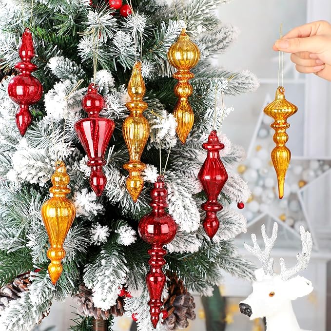 Mifoci 8 Pcs 6 Inch Mercury Glass Finial Christmas Ornaments Hanging Christmas Finials Glass Ornaments Assorted Mercury Decor for Vintage Holiday Xmas Tree Decoration(Red, Gold)