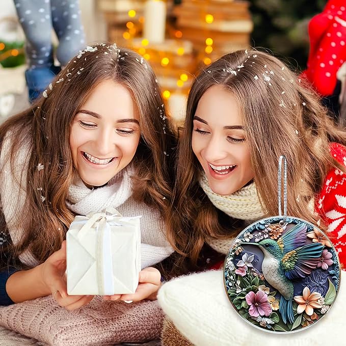 Jabihome Christmas Ornaments 2025, Exchange for Women, Men, Collectible Dated Year Ornaments for Tree, Unique Acrylic Suncatcher, Printed Stained Glass Effect Decor (Floral Hummingbird)
