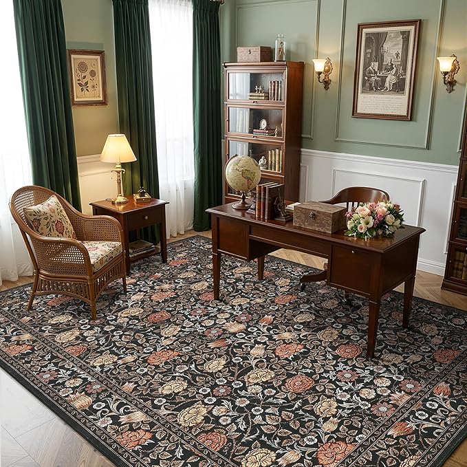 GarveeHome Brown Vintage Floral Washable Rugs 5x7 for Living Room Black Boho Botanical Retro Rug Low Pile Stain Resistance Non Slip Carpet for Bedroom Nursery Dining Room