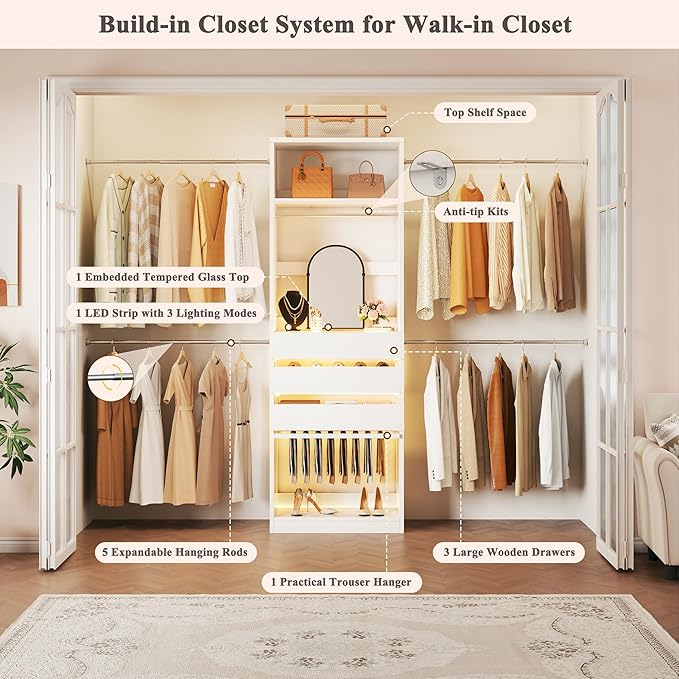 Closet System, 4-8FT Closet Organizer with 3 Wood Drawers & Glass Top, 102'' Walk in Closet with 5 Hang Rods & LED Lights & Trouser Rack, Built-in Wardrobe Clothes Rack with Shelves and Tower, White