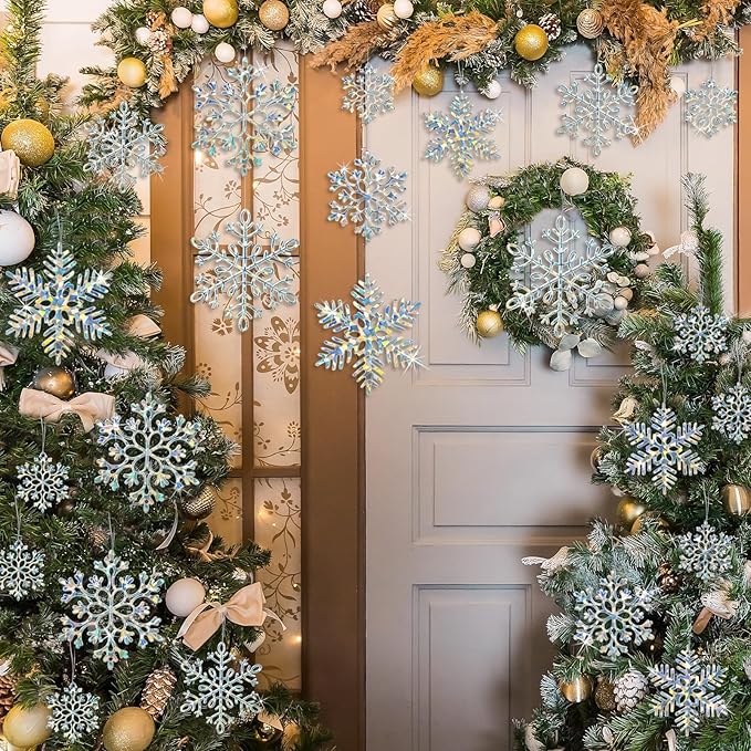 36 Pack Christmas Ornaments Snowflakes Decorations - Iridescent Plastic Snowflakes Hanging Decorations for Winter Holiday Christmas Birthday Party Decoration Supplies
