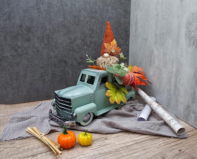 Vintage Turquoise Metal Truck with Gnomes Pumpkin Maple Leaf Farmhouse Table Top Fall Decor, Autumn Themed Thanksgiving Old Pickup Truck Decorations for Home Table Shelf, 12 inch