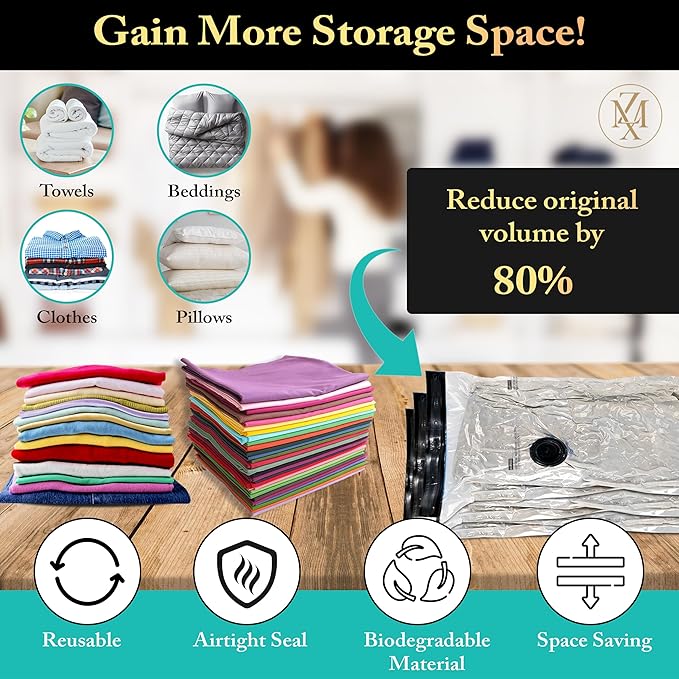 Vacuum Storage Bags – 12 Pack with Hand Pump | Space Saver Compression Bags for Clothes & Bedding | Extra Thick, Airtight Double-Zip, Triple-Valve | Reusable Storage (Jumbo/Large/Medium)