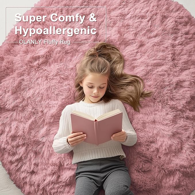 OLANLY Pale Pink Round Rugs for Bedroom - Machine Washable, 5 ft Circle Area Rugs for Living Room, Soft and Fluffy Shaggy Carpet for Teen Girls and Boys, Nursery Rooms, Dorms, Home Decor Aesthetic