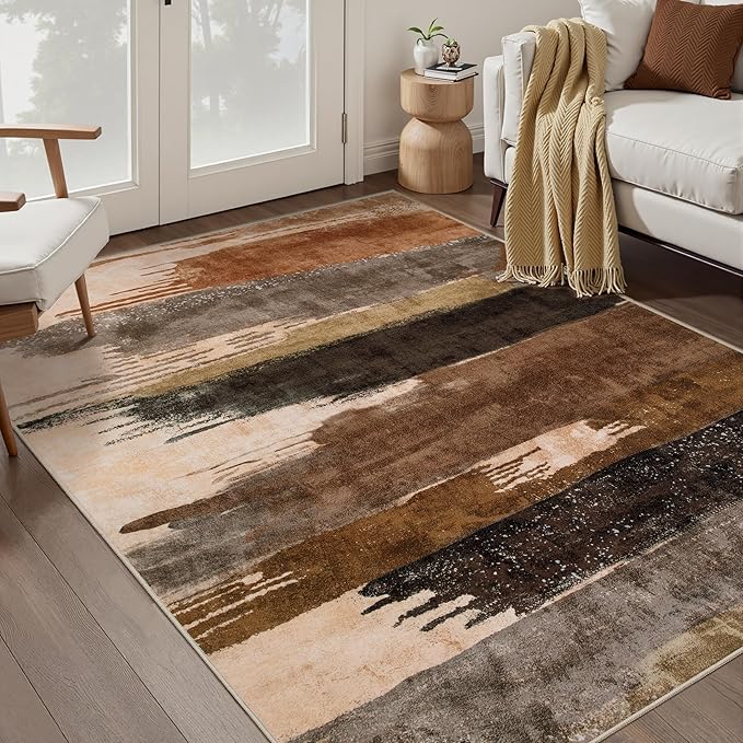 Ciicool Abstract Area Rug Indoor, 3x5 Washable Entryway Rug, Modern Soft Throw Entry Rug with Non-Slip Backing for Bedroom Living Room Entrance Kitchen, Low-Pile Floor Carpet Doormat Brown Grey