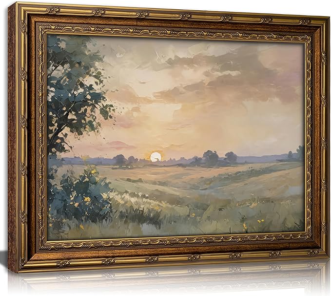 Vintage Gold Framed Wall Art Retro Fall Sunset Country Oil Painting Canvas Prints Watercolor Autumn Landscape Picture Rustic Farmhouse Soft Nature Poster Artwork for Living Room Bedroom, 9x11in