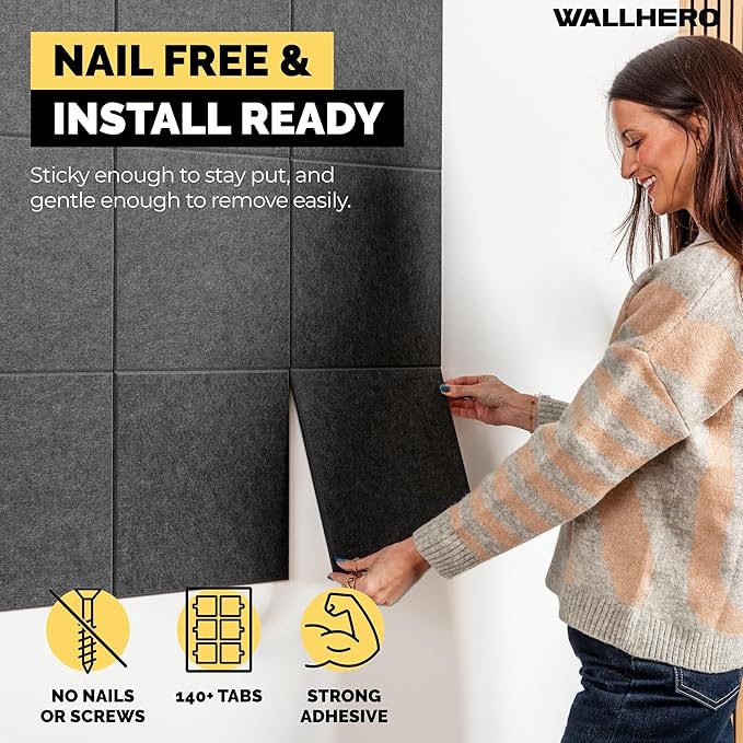 WALLHERO Cork Boards for Office, Dart Board Wall Protector, 59"x36" | 15 Pack | Black Bulletin Board, Cork Board, Cork Board Squares, Homasote Board, Bulletin Board Tiles (Gray Black)
