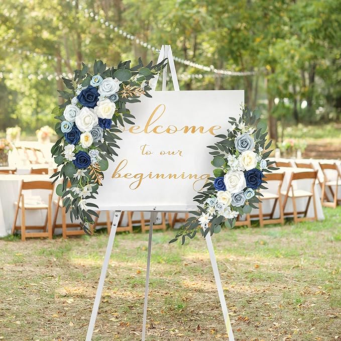 Ting's time Wedding Arch Flowers Pack of 2 Artificial Silk Large Flower Swag Welcome Sign Floral Swag Reception Backdrop Floral Decor for Fall Wedding Party Ceremony (Dusty Blue & White)