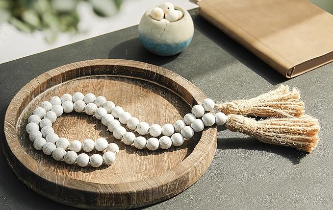 Meplait 39in Wood Bead Garland Farmhouse with Tassels,Versatile Prayer Beads Boho Chic Wall Hanging Home Decor (Wash White)