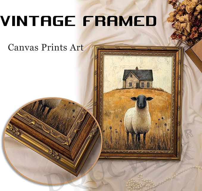 Vintage Gold Framed Wall Art Retro Country Sheep Oil Painting Canvas Prints Farmhouse Landscape Picture Wall Decor Rustic Farmhouse Animal Poster Artwork for Living Room Bedroom Bathroom, 16x24in