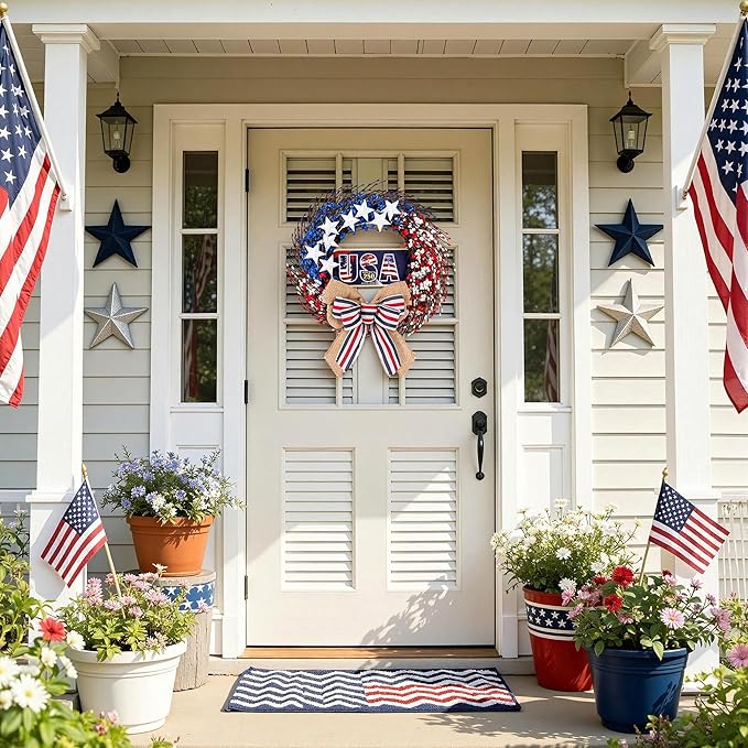 4th of July Wreath, 20 inch Patriotic Wreaths for Front Door, Red White Blue American Independence Day Memorial Day Flag Day 250th Anniversary Patriotic Home Decor Indoor Outdoor