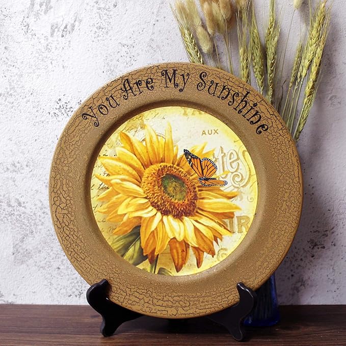 CVHOMEDECO. Sunflower Decorative Plate Primitives Round Crackled Display Wooden Plate Home Décor Art, 13-1/4 Inch