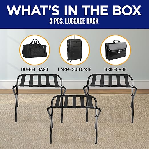 Lifemaster Metal Luggage Rack - Pack of 3 Foldable, Easy Assembly, Space Saving, and Stylish Steel Frame Guest Suitcase Stands with Nylon Straps - Black