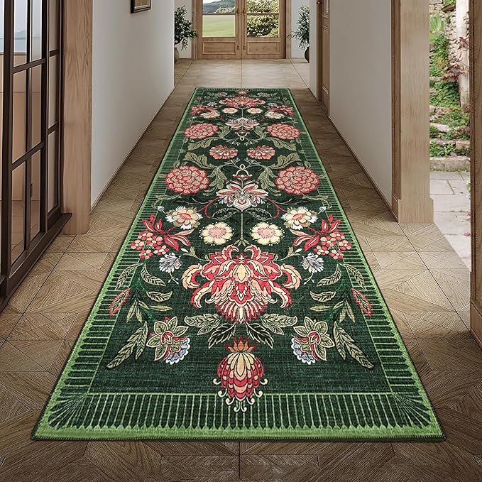 GarveeHome Forest Green Floral Botanical 2.5x8 Washable Kitchen Runner Rugs Non Slip Vintage Boho Cottage Long Rug for Hallways Bedroom Entryway Bathroom Mat with Rubber Back