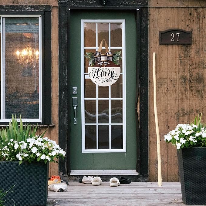 Welcome Sign for Front Door, Floral Round Wood Wreaths Wall Hanging Outdoor Decor, Front Porch Decorations Hanging Gift for Home Outdoor Decor for Spring Summer Fall Holiday